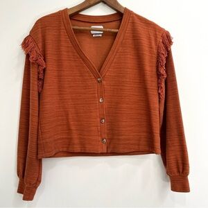 Saylor v-neck cardigan sweater burnt orange fringe accents size medium